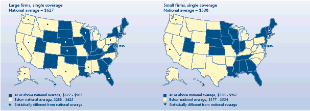 U.S. map depicting health insurance statistics, details can be found in accessible table below image