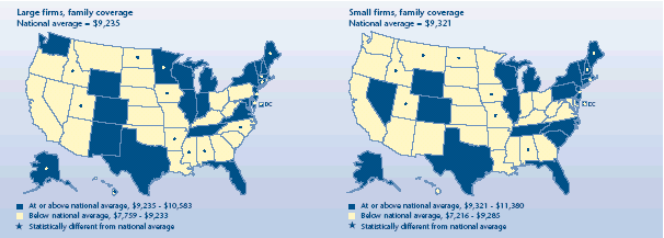 U.S. map depicting health insurance statistics, details can be found in accessible table below image