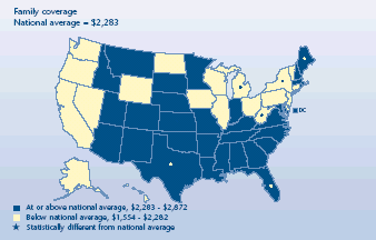 U.S. map depicting health insurance statistics, details can be found in accessible table below image