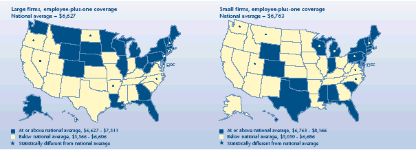 U.S. map depicting health insurance statistics, details can be found in accessible table below image