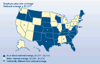 U.S. map depicting health insurance statistics, details can be found in accessible table below image