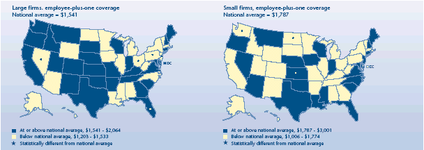 U.S. map depicting health insurance statistics, details can be found in accessible table below image