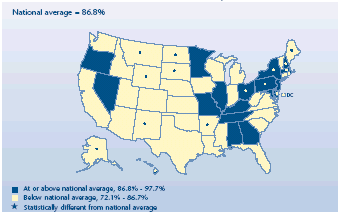 U.S. map depicting health insurance statistics, details can be found in accessible table below image