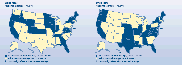 U.S. map depicting health insurance statistics, details can be found in accessible table below image