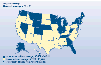 U.S. map depicting health insurance statistics, details can be found in accessible table below image