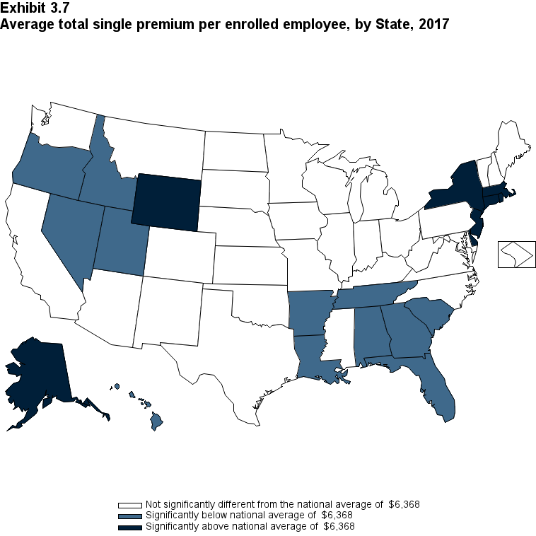 Map with data on the average total single premium per enrolled employee, overall and by State, 2017. Data are provided in the table below.