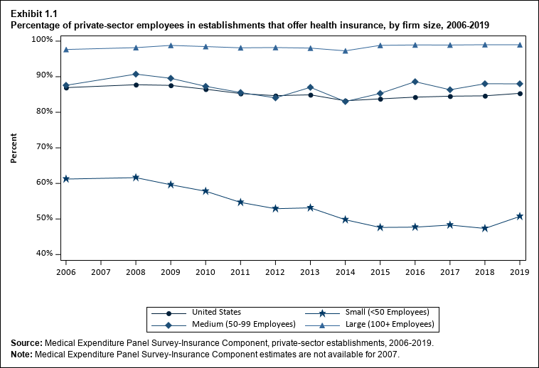 Line graph with data on the percentage of private-sector employees in establishments that offer health insurance, overall and by firm size, 2006 to 2019. Data are provided in the table below.