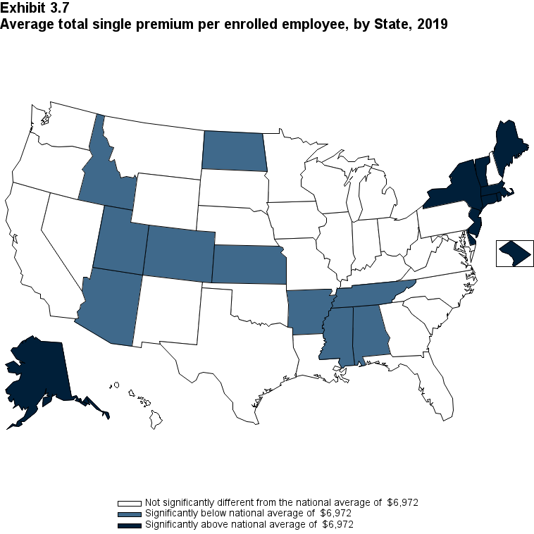 Map with data on the average total single premium per enrolled employee, by State, 2019. Data are provided in the table below.