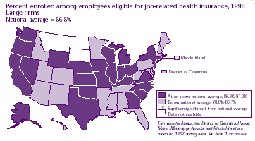 Percent enrolled among employees eligible for job-related health insurance, 1998 large firms (National Average = 86.8%)  Refer to text conversion table below for details.