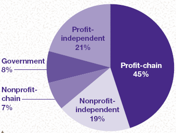 Figure 1. Nursing home distribution by ownership and chain affiliation: 1996