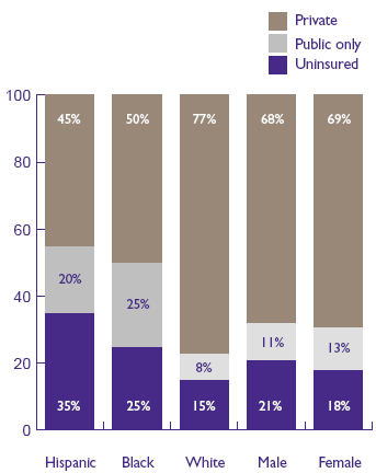 Figure 1. Persons under age 65--health insurance status by race/ethnicity and sex: First half of 1996 