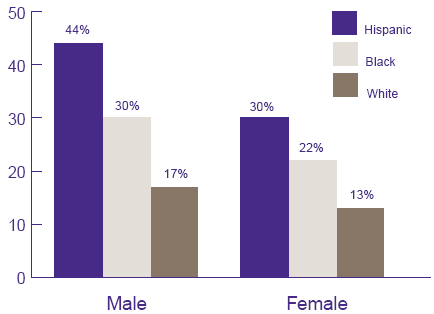 Figure 4. Percent uninsured by race/ethnicity and sex for workers ages 16-64: First half of 1996