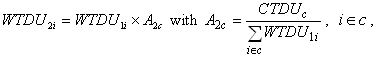 Weight D U sub 2 i equals Weight D U sub 1 i times A sub 2 c with A sub 2 c equals C T DU sub c over sum of Weight D U sub 1 i with i belongs to c and i belongs to c