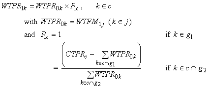 Weight T P R sub 1 k equals Weight T P R sub zero k times P sub 1 c and k belongs to c with 
Weight T P R sub zero k equals Weight F M sub 1 j (k belongs to j) 
and P sub 1 c equals 1 if k belongs to g1  equals C T P R sub c minus sum of Weight P R sub zero k with k belongs to intersection of c and g1 over sum of Weight P R sub zero k with k belongs to the intersection of c and g2 
if k belongs to the intersection of c and g2.