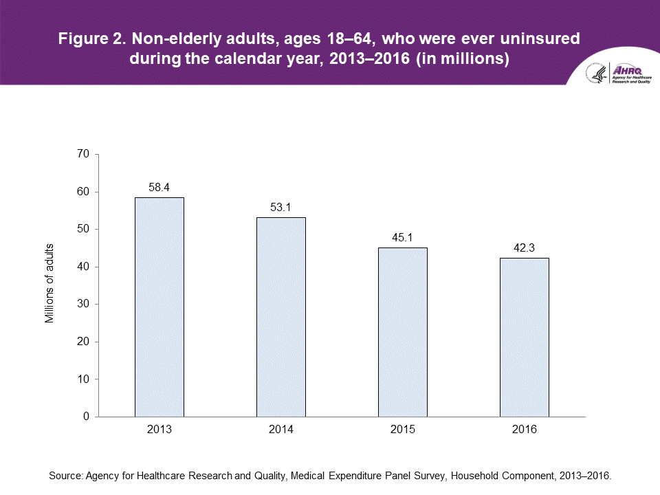 The figure contains non-elderly adults, ages 18-64, who were ever uninsured during the calendar year in 2013-2016 (in millions).