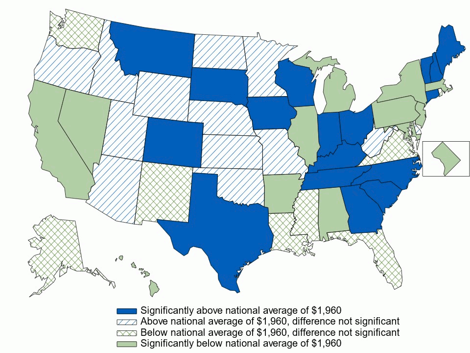 Figure 11. Average individual deductible (in dollars) per employee enrolled with single coverage in a health insurance plan with a deductible, by state, 3-year average, 2021–2023