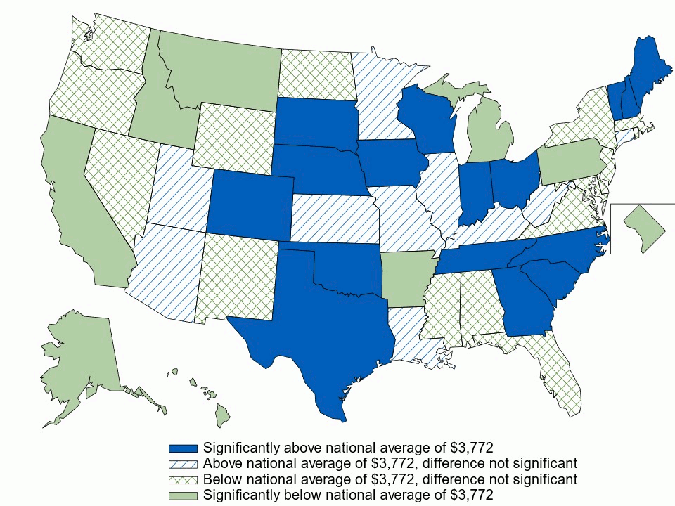 Figure 12. Average family deductible (in dollars) per employee enrolled with family coverage in a health insurance plan with a deductible, by state, 3-year average, 2021–2023