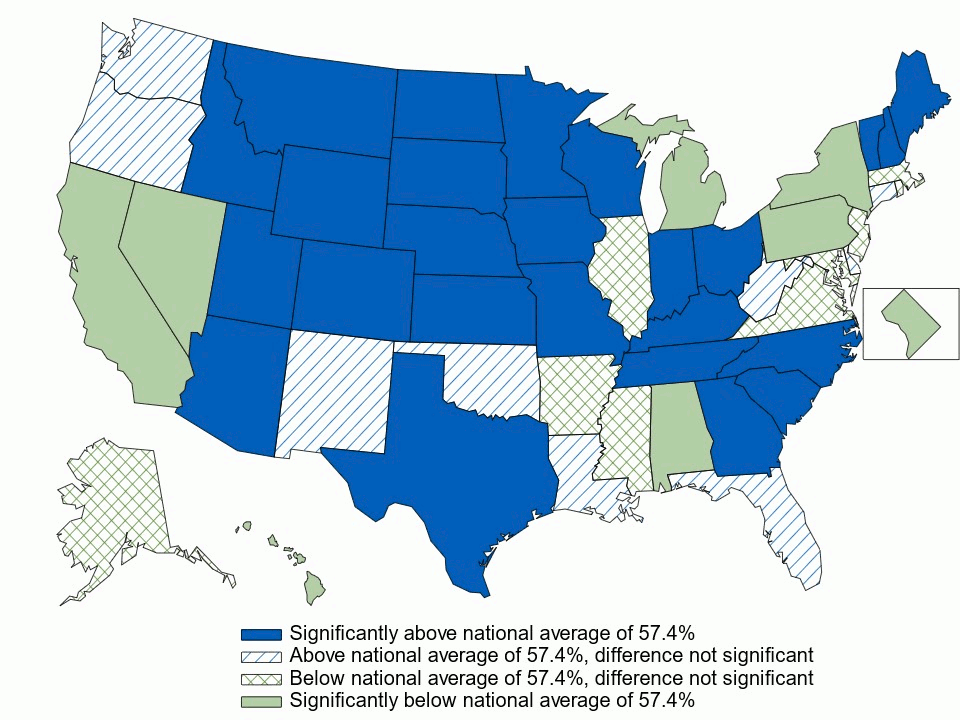 Figure 13. Among private-sector enrolled employees with single coverage, percentage in a high-deductible health insurance plan, by state, 3-year average, 2021–2023