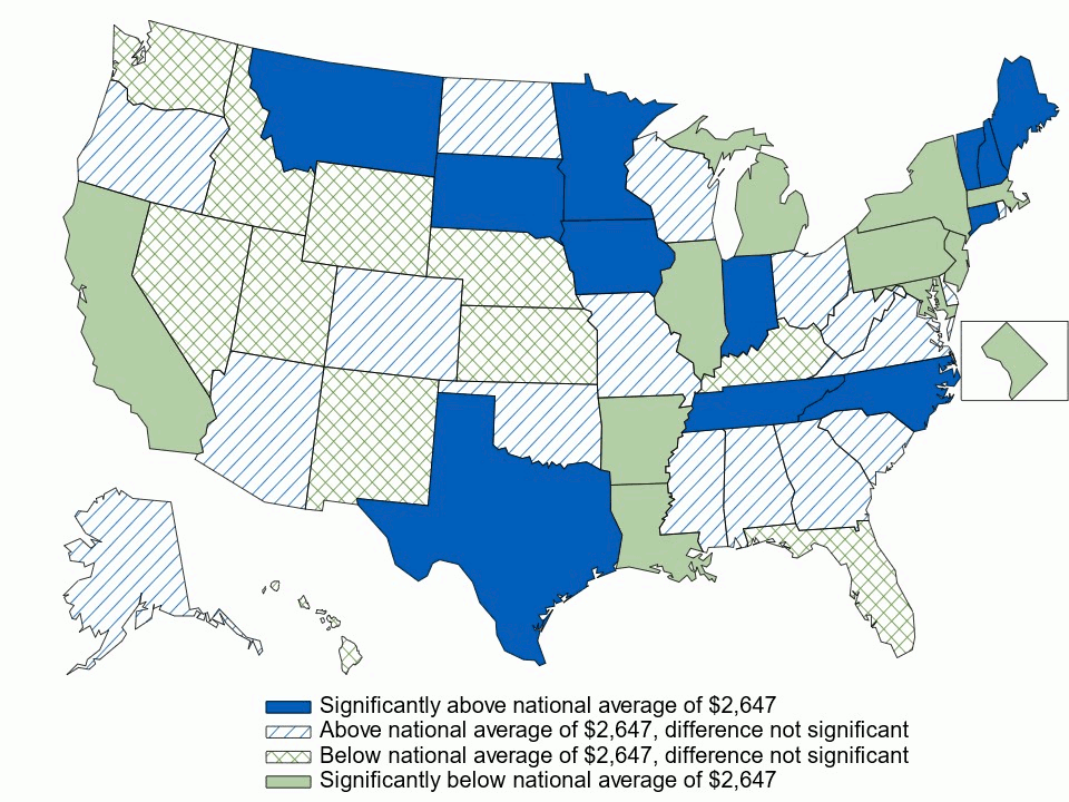 Figure 15. Average individual deductible (in dollars) per employee enrolled with single coverage in a high-deductible health insurance plan, by state, 3-year average, 2021–2023