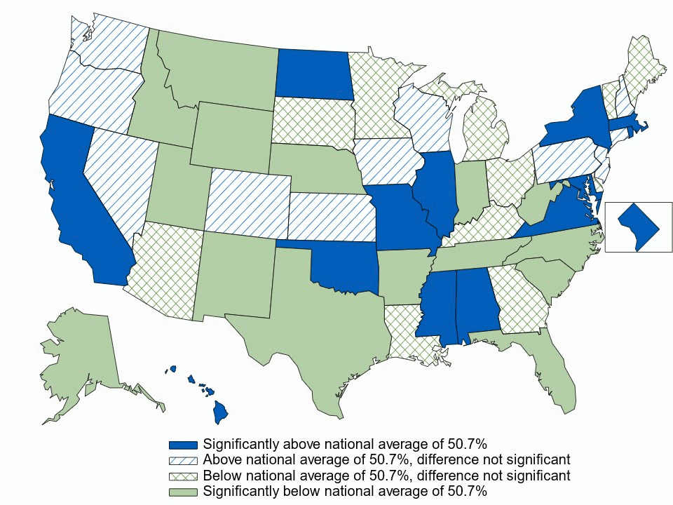 Figure 2. Offer rate: Percentage of private-sector employees in establishments that offer health insurance, by state, firm size < 50 employees, 3-year average, 2021–2023