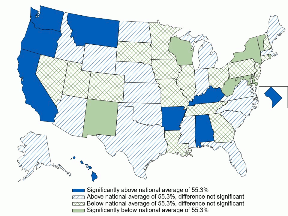 Figure 3. Coverage rate: Percentage of private-sector employees who are enrolled in health insurance at establishments that offer health insurance, by state, 3-year average, 2021–2023