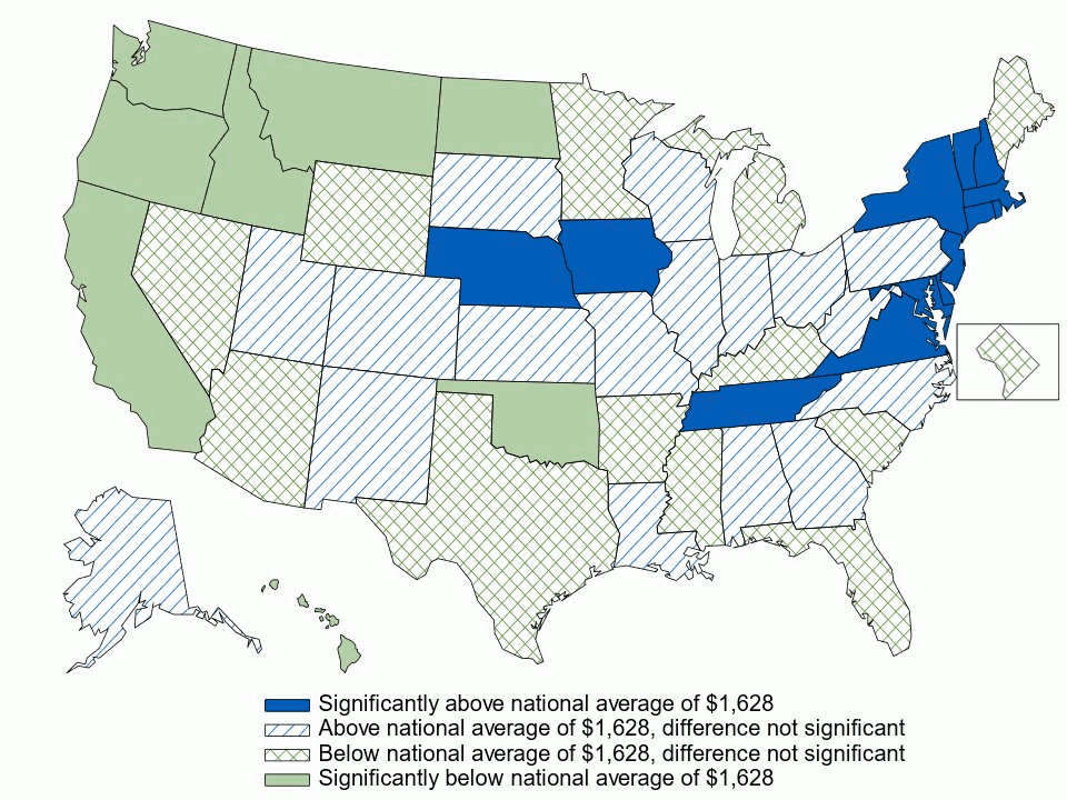 Figure 7. Average annual employee contribution (in dollars) for single coverage, by state, 3-year average, 2021–2023