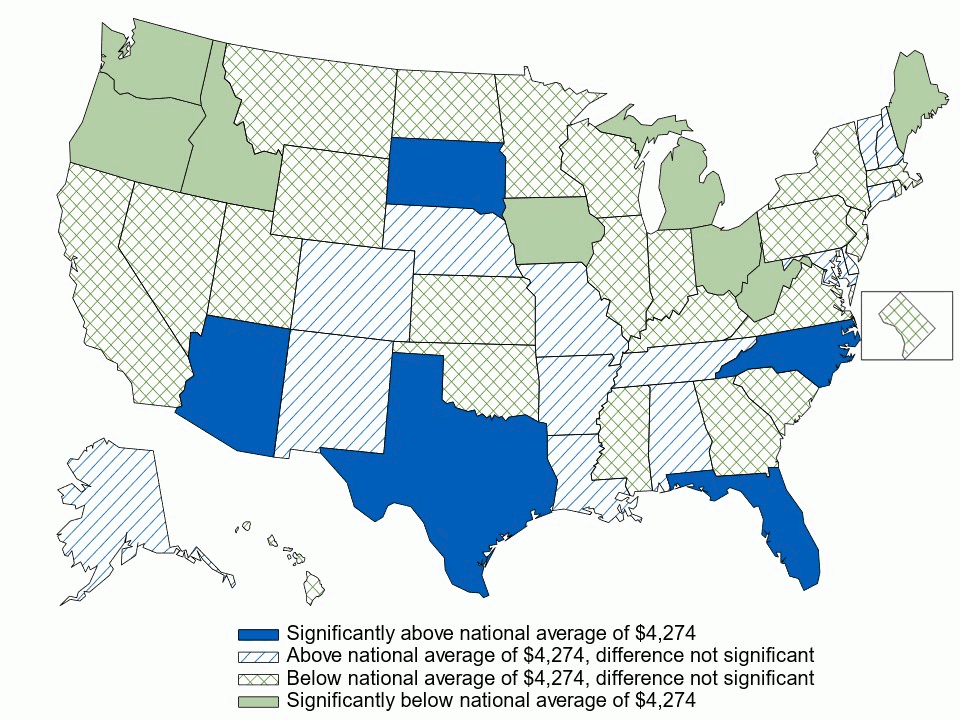 Figure 8. Average annual employee contribution (in dollars) for employee-plus-one coverage, by state, 3-year average, 2021–2023