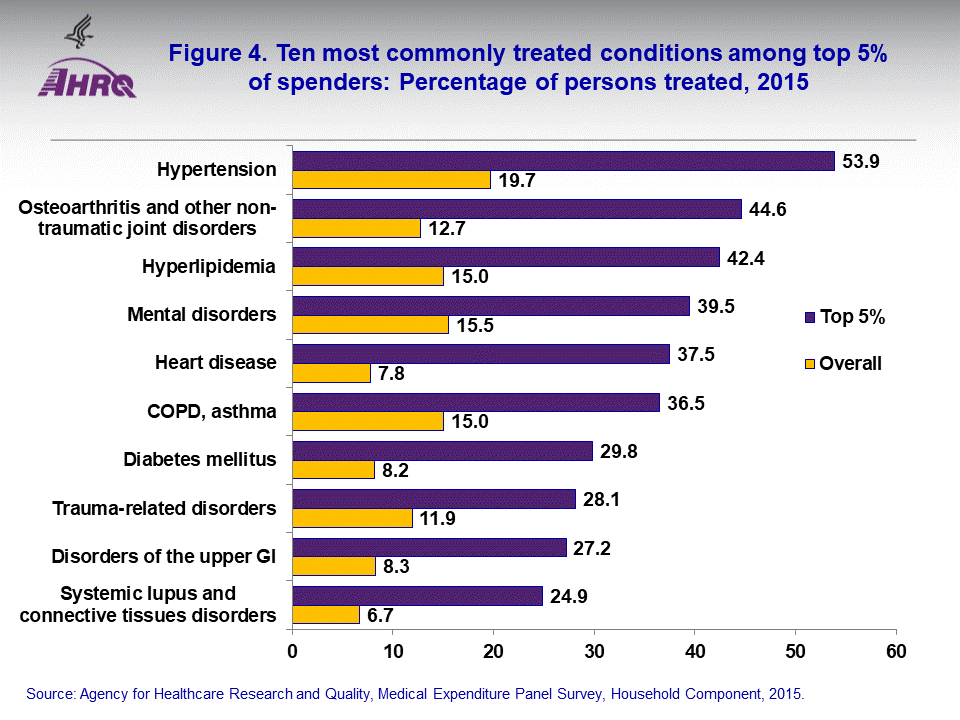 The figure contains values of ten most commonly treated conditions among top 5% of spenders: Percentage of persons treated, 2015; Figure data for accessible table follows the image