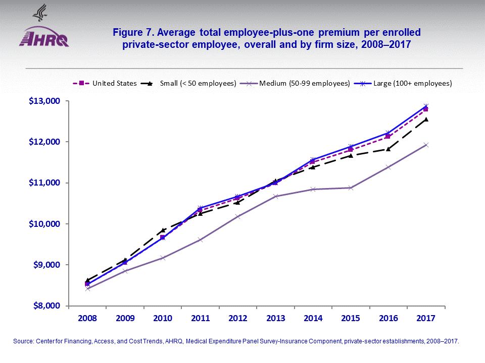 The figure contains the average total employee-plus-one premium per enrolled private-sector employee, overall and by firm size, 20082017