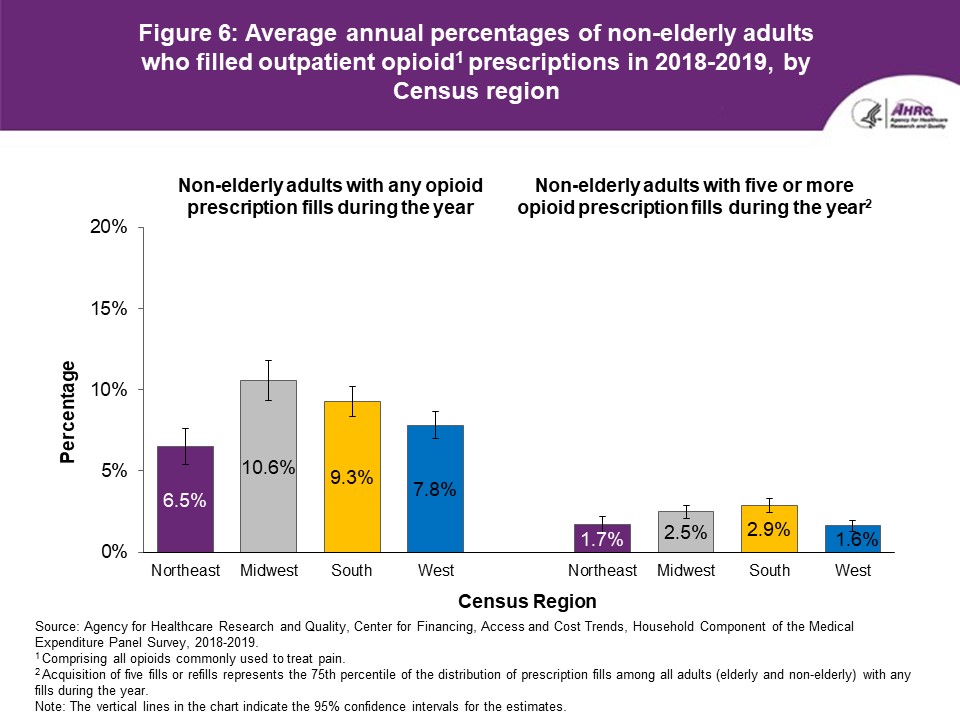 Figure displays: Average annual percentages of non-elderly adults who filled outpatient opioid prescriptions in 2018-2019, by Census region