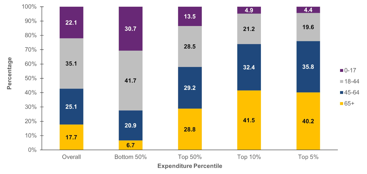 Figure displays: Percentage of persons in each age group by expenditure percentile, 2021