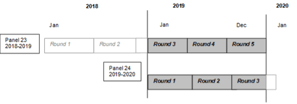 Illustration indicating that 2019 data were collected in Rounds 3, 4, and 5 of Panel 23, and Rounds 1, 2, and 3 of Panel 24.