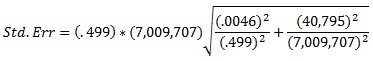 The standard error equals 0.499 times 7,009,707 times the square root of the following sum:  0.0046 squared over 0.499 squared, plus 40,795 squared over 7,009,707 squared. Which all equals 38,133.